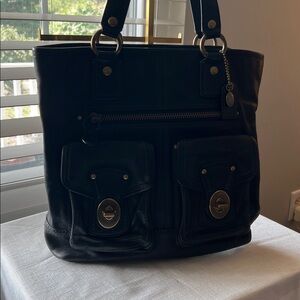Coach Black Leather Shoulder Tote Bag with Gold Brass Accents